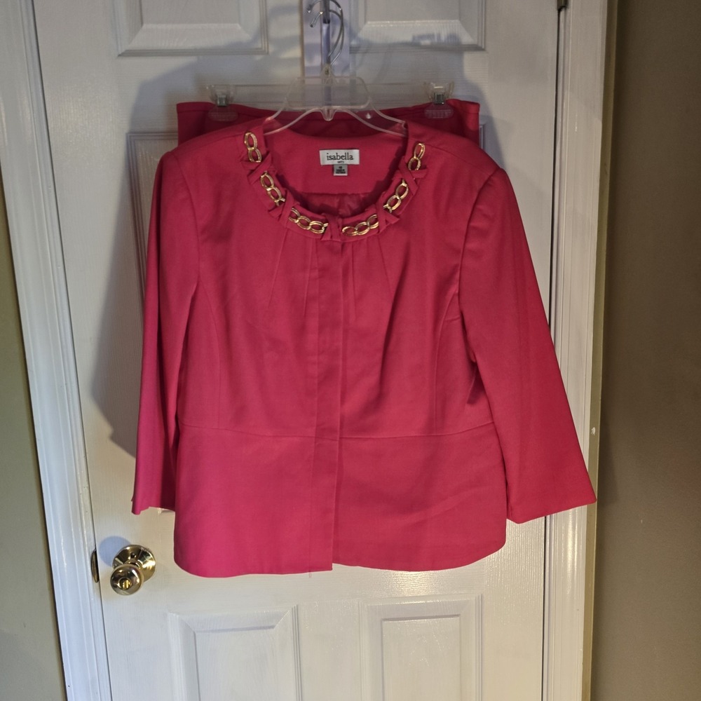 Isabella Suits Hot Pink Peplum Skirt Suit Set Gold Chain Neck 18 Womens